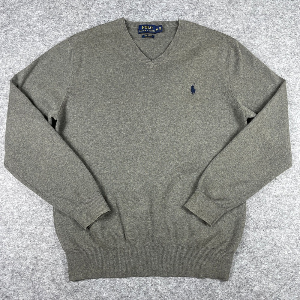 Polo Ralph Lauren Sweater Mens M Grey V-Neck Pima Cotton Long Sleeve Knit Preppy